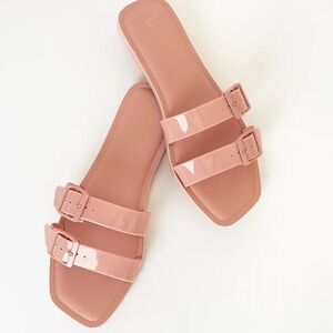 Blush Pink Patent Buckled Slide Sandals